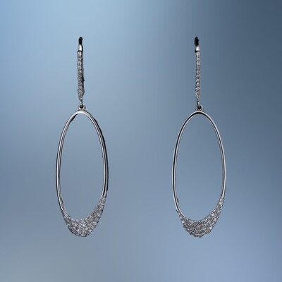 14 KT WHITE GOLD OVAL DIAMOND DROP EARRINGS FEATURING 96 ROUND BRILLIANT CUT DIAMONDS TOTALING .22 CTS