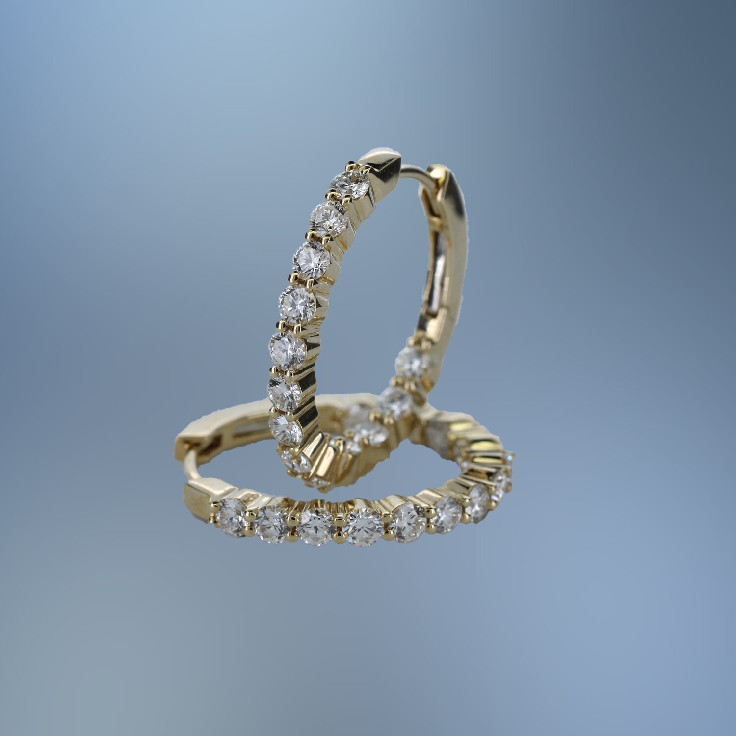 GB2422Y 14KT YELLOW GOLD OVAL IN AND OUT DIAMOND HOOP EARRINGS FEATURING 26 ROUND BRILLIANT CUT DIAMONDS TOTALING 1.58 CTS.