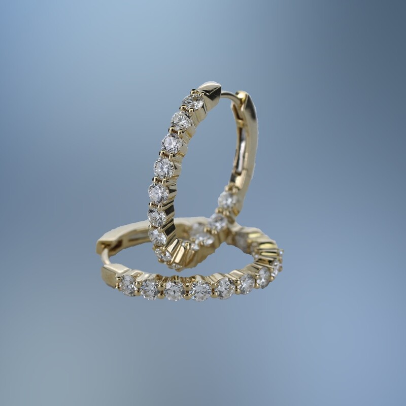 GB2422Y 14KT YELLOW GOLD OVAL IN AND OUT DIAMOND HOOP EARRINGS FEATURING 26 ROUND BRILLIANT CUT DIAMONDS TOTALING 1.58 CTS.
