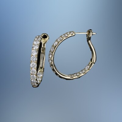 14 KT YELLOW GOLD INSIDE/OUTSIDE DIAMOND HOOP EARRINGS FEATURING 30 ROUND BRILLIANT CUT DIAMONDS TOTALING 2.42 CTS