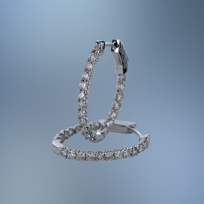 PM1800W  14KT WHITE GOLD "IN AND OUT" DIAMOND HOOP EARRINGS FEATURING 38  ROUND BRILLIANT CUT DIAMONDS TOTALING 1.64 CTS.