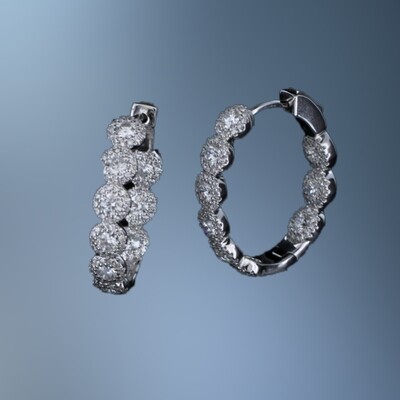 14 KT WHITE GOLD INSIDE/OUTSIDE DIAMOND HOOP EARRINGS FEATURING 135 ROUND BRILLIANT CUT DIAMONDS TOTALING 2.33 CTS