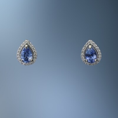 14KT WHITE GOLD SAPPHIRE & DIAMOND EARRINGS FEATURING 1.31 CTS OF SAPPHIRES & 40 ROUND BRILLIANT DIAMONDS TOTALING .20 CTS