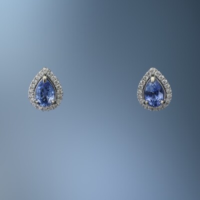 14KT WHITE GOLD SAPPHIRE & DIAMOND EARRINGS FEATURING 1.31 CTS OF  SAPPHIRES &  40 ROUND BRILLIANT DIAMONDS TOTALING .20 CTS