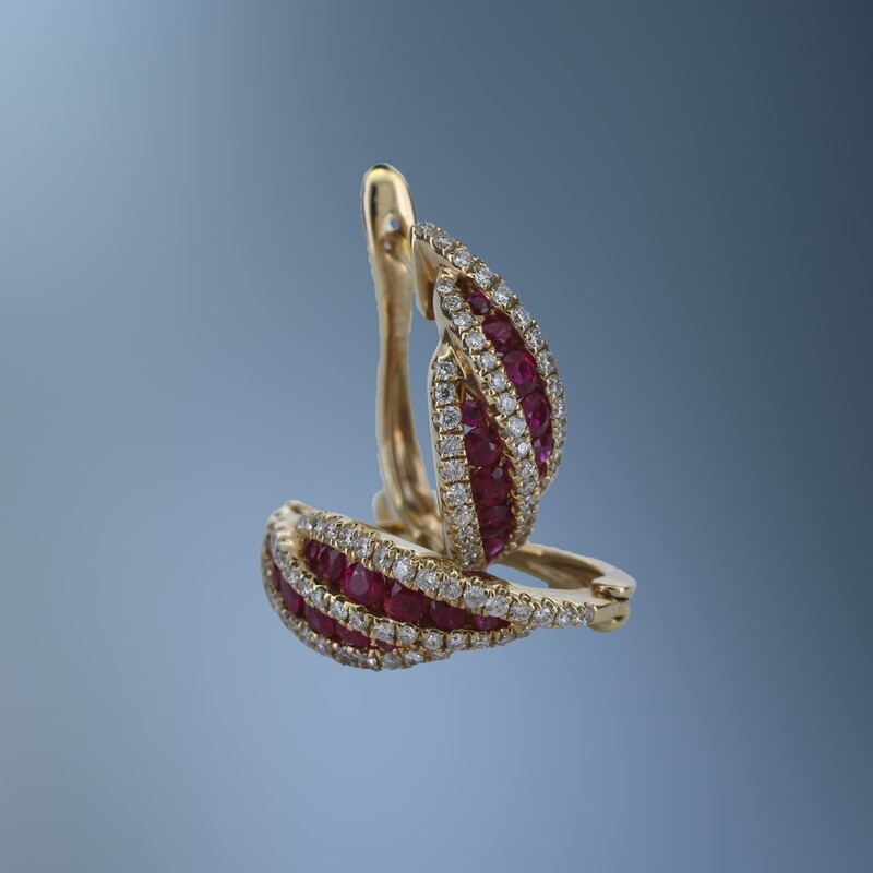 14KT YELLOW GOLD RUBY AND DIAMOND EARRINGS FEATURING 24 ROUND BRILLIANT CUT RUBIES TOTALING  .69 CTS  AND 98 ROUND BRILLIANT CUT DIAMONDS TOTALING .49 CTS