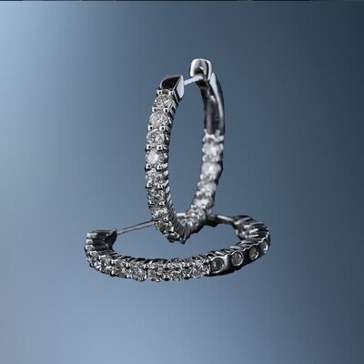 14K WHITE GOLD DIAMOND INSIDE/OUT DIAMOND HOOP EARRINGS FEATURING 34 ROUND BRILLIANT CUT DIAMONDS TOTALING 1.18 CTS