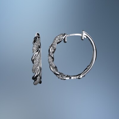 14 KT WHITE GOLD DIAMOND BRAIDED HOOP EARRINGS FEATURING 80 ROUND BRILLIANT CUT DIAMONDS TOTALING 0.17 CTS
