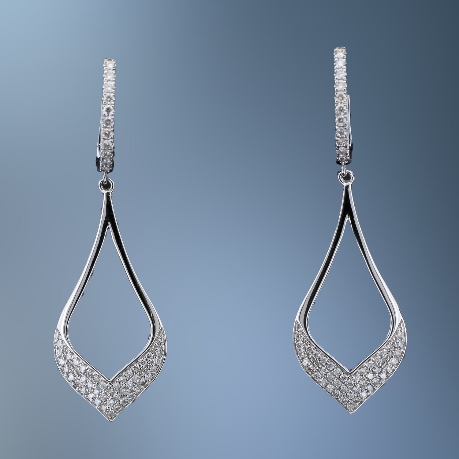 14KT WHITE GOLD DROP DIAMOND EARRINGS FEATURING 108 ROUND BRILLIANT CUT DIAMONDS TOTALING .36 CTS 14KT WHITE GOLD DROP DIAMOND EARRINGS FEATURING 108 ROUND BRILLIANT CUT DIAMONDS TOTALING .36 CTS