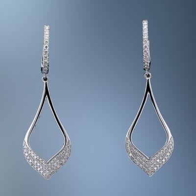14KT WHITE GOLD DROP DIAMOND EARRINGS FEATURING 108 ROUND BRILLIANT CUT DIAMONDS TOTALING .36 CTS