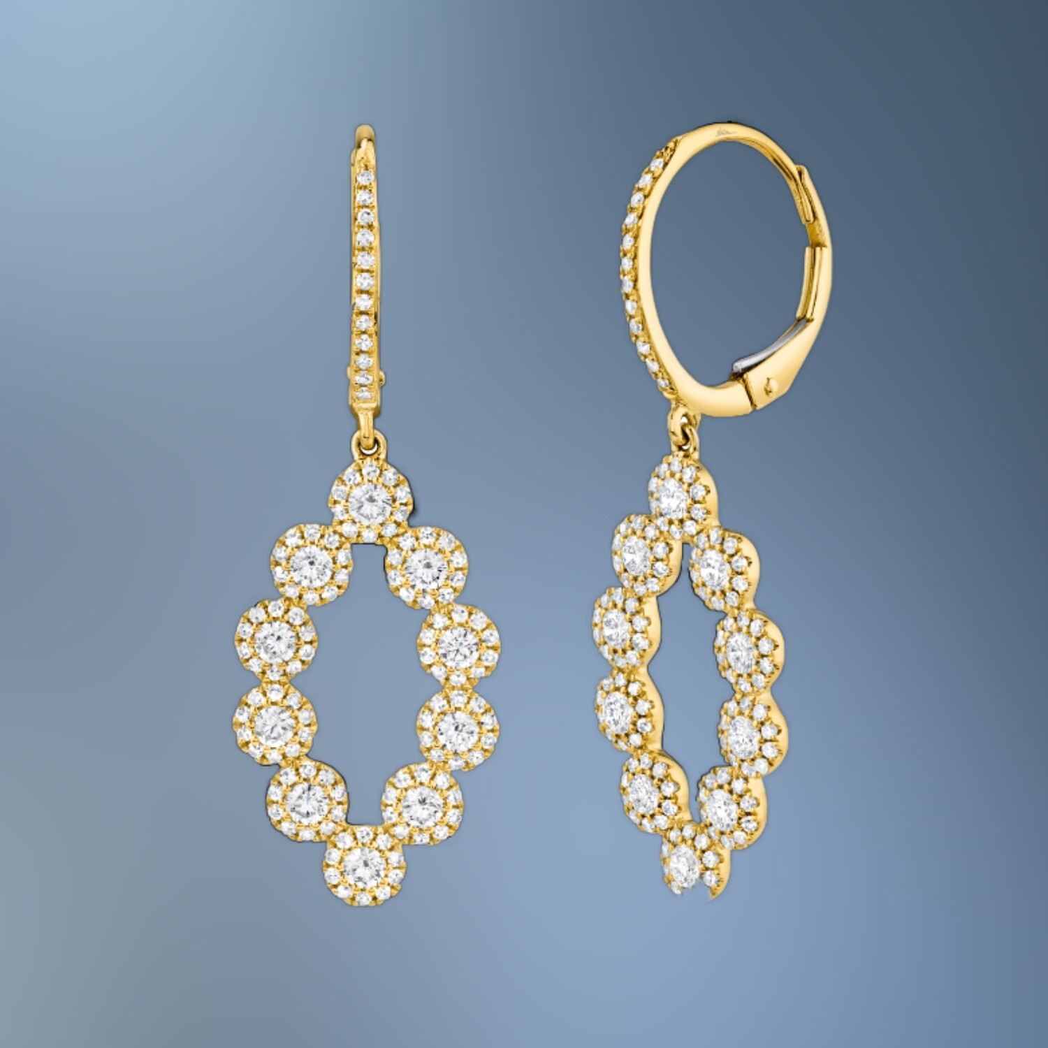 14 KT YELLOW GOLD DANGLE EARRINGS FEATURING 244 ROUND BRILLIANT CUT DIAMONDS TOTALING 1.26 CTS 14 KT YELLOW GOLD DANGLE EARRINGS FEATURING 244 ROUND BRILLIANT CUT DIAMONDS TOTALING 1.26 CTS
