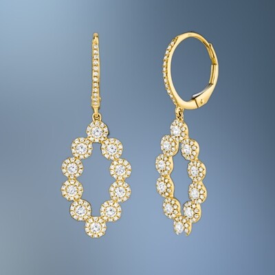 14 KT YELLOW GOLD DANGLE EARRINGS FEATURING 244 ROUND BRILLIANT CUT DIAMONDS TOTALING 1.26 CTS