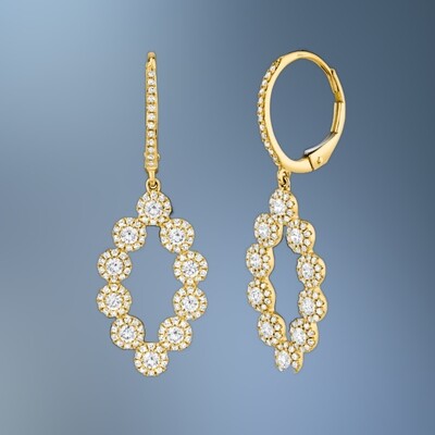 14 KT YELLOW GOLD DANGLE EARRINGS FEATURING 244 ROUND BRILLIANT CUT DIAMONDS TOTALING 1.26 CTS 14 KT YELLOW GOLD DANGLE EARRINGS FEATURING 244 ROUND BRILLIANT CUT DIAMONDS TOTALING 1.26 CTS
