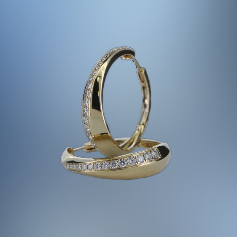 SC29944Y  14KT YELLOW GOLD LADY'S DIAMOND HOOP EARRINGS FEATURING 48 ROUND BRILLIANT CUT DIAMONDS TOTALING .63 CTS. WITH A HINGE BACK CLOSURE