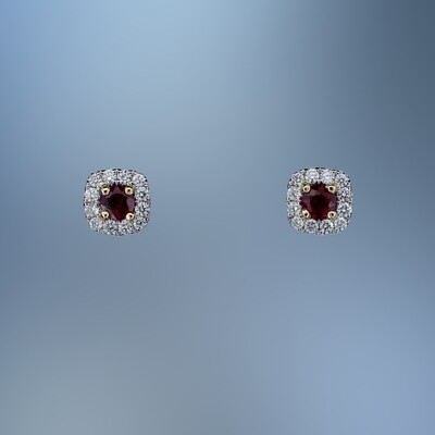 14KT RUBY & DIAMOND EARRINGS FEATURING 2 ROUND RUBIES TOTALING .78 CTS & 24 ROUND BRILLIANT CUT DIAMONDS TOTALING .46 CTS