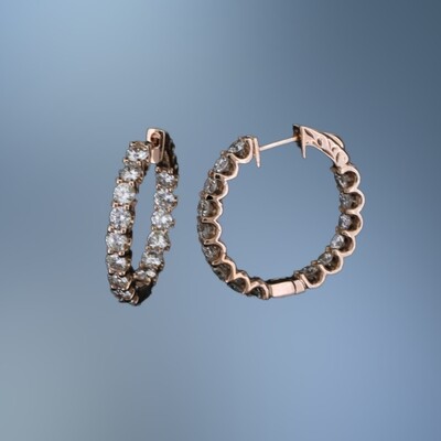 14 KT ROSE GOLD INSIDE/OUTSIDE DIAMOND HOOP EARRINGS FEATURING 30 ROUND BRILLIANT CUT DIAMONDS TOTALING 3.28 CTS
