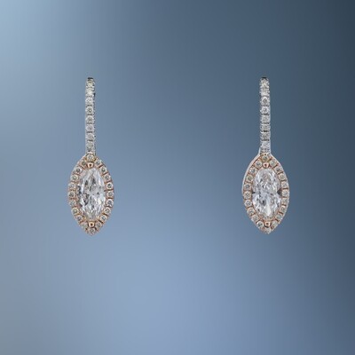 14KT ROSE & WHITE GOLD DIAMOND EARRINGS FEATURING 2 MARQUIS DIAMONDS & 56 ROUND BRILLIANT CUT DIAMONDS TOTALING 1.33 CTS