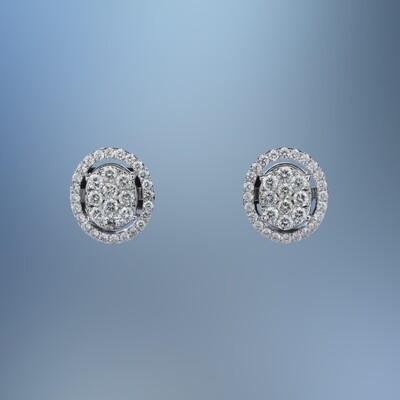 18KT WHITE GOLD HALO CLUSTER DIAMOND EARRINGS FEATURING 68 ROUND BRILLIANT CUT DIAMONDS TOTALING 1.46 CTS