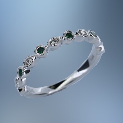 ONE 14KT WHITE GOLD LADIES EMERALD  AND DIAMOND RING CONTAINING .08 CTS. OF ROUND BRILLIANT CUT NATURAL DIAMONDS, AND .12 CTS. OF ROUND BRILLIANT CUT SAPPHIRES.