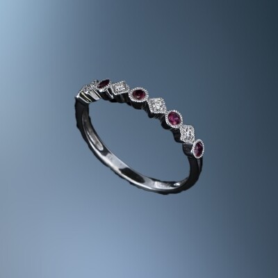 14K WHITE GOLD DIAMOND AND RUBY BAND FEATURING 5 ROUND RUBIES TOTALING 0.23 CTS AND 4 ROUND BRILLIANT CUT DIAMONDS TOTALING 0.05 CTS