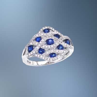14KT WHITE GOLD SAPPHIRE AND DIAMOND FASHION RING FEATURING 9 SAPPHIRES TOTALING .93 CTS AND 82 ROUND BRILLIANT CUT DIAMONDS TOTALING .28 CTS
