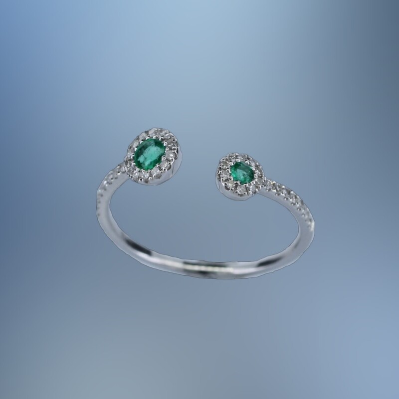 ONE 14KT WHITE GOLD LADYS NATURAL EMERALD AND DIAMOND RING CONTAINING .13 CTTW OF NATURAL SINGLE CUT DIAMONDS AND TWO NATURAL ROUND BRILLIANT CUT EMERALDS .15 CTTW