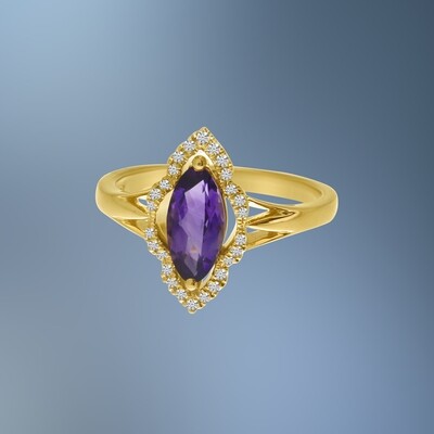 14KT YELLOW GOLD AMETHYST AND DIAMOND RING FEATURING 1 AMETHYST TOTALING 1.01 CTS AND 28 ROUND BRILLIANT CUT DIAMONDS TOTALING .12 CTS