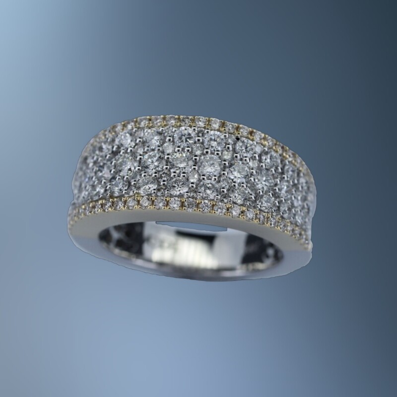 ONE 14KT WHITE AND YELLOW GOLD LADIES DIAMOND WEDDING BAND CONTAINING 133 NATURAL ROUND BRILLIANT CUT DIAMONDS TOTALING 1.67 CTS. 