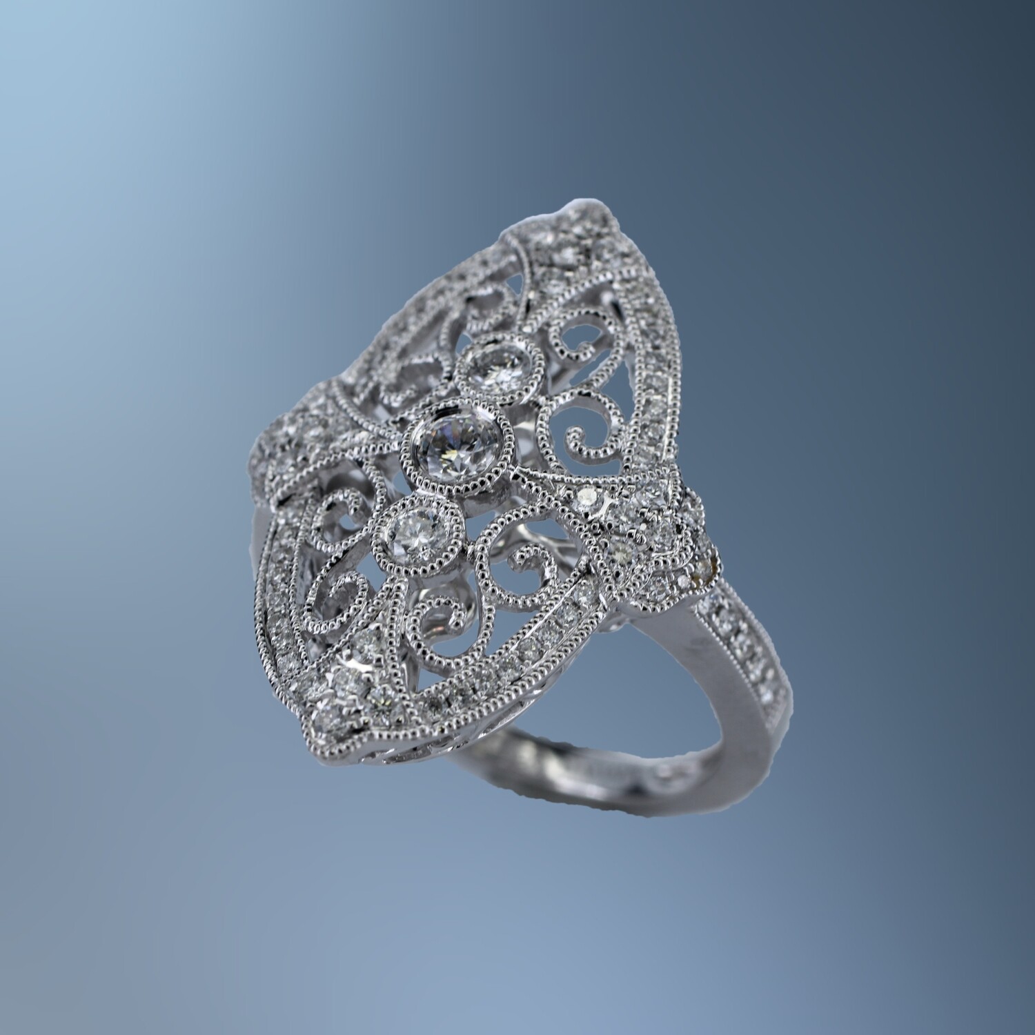 MR6422W 14 KT WHITE GOLD VINTAGE STYLE DIAMOND FASHION RING FEATURING 75 ROUND BRILLIANT CUT DIAMONDS TOTALING 0.75 CTS MR6422W 14 KT WHITE GOLD VINTAGE STYLE DIAMOND FASHION RING FEATURING 75 ROUND BRILLIANT CUT DIAMONDS TOTALING 0.75 CTS