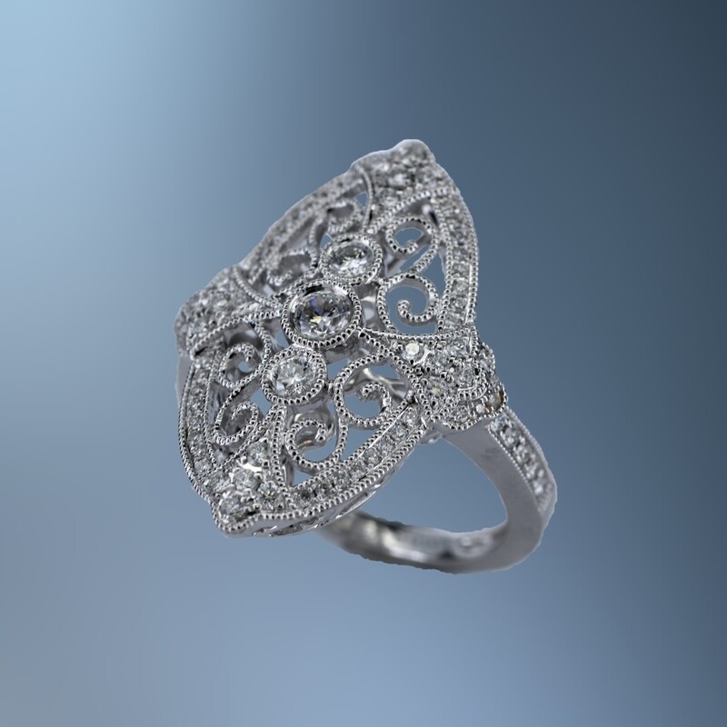 MR6422W 14 KT WHITE GOLD VINTAGE STYLE DIAMOND FASHION RING FEATURING 75 ROUND BRILLIANT CUT DIAMONDS TOTALING 0.75 CTS