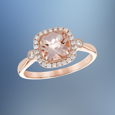 ​14KT ROSE GOLD CUSHION CUT MORGANITE RING FEATURING A DIAMOND HALO TOTALING 0.16 CTS