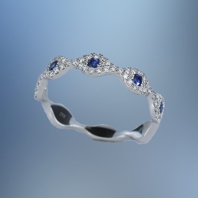 NJ4374S 14KT WHITE GOLD DIAMOND & SAPPHIRE BAND FEATURING 70 ROUND BRILLIANT CUT DIAMONDS TOTALING .25 CTS & 5 ROUND SAPPHIRES TOTALING .18 CTS. WEIGHT .43 CTS