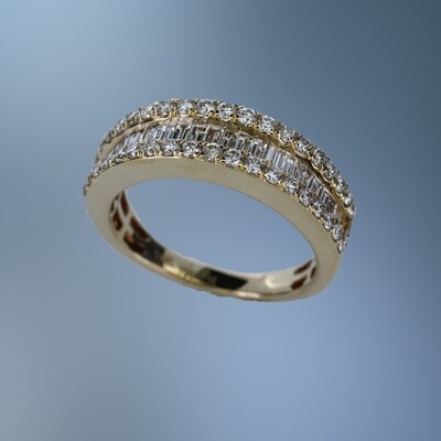 14KT YELLOW GOLD DIAMOND WEDDING BAND FEATURING 38 ROUND BRILLIANT CUT DIAMONDS AND 24 BAGUETTES, TOTALING .95 CTS.