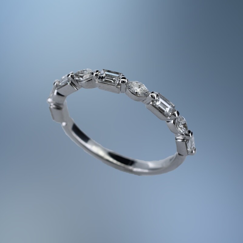 14KT WHITE GOLD LADY'S DIAMOND WEDDING BAND FEATURING 5  BAGUETTE CUT DIAMONDS  AND 4 MARQUISE CUT DIAMONDS TOTALING 0.59 CTS