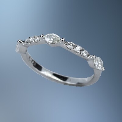 14KT WHITE GOLD DIAMOND WEDDING BAND FEATURING 3 MARQUIS CUT DIAMONDS & 6 ROUND BRILLIANT CUT DIAMONDS TOTALING .50 CTS