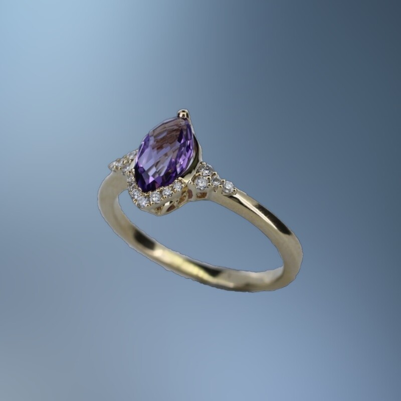 14KT YELLOW GOLD LADIES RING FEATURING ONE FANTASY CUT AMETHYST TOTALING 1.20 CTS AND 15 ROUND BRILLIANT CUT DIAMONDS TOTALING .10 CTS