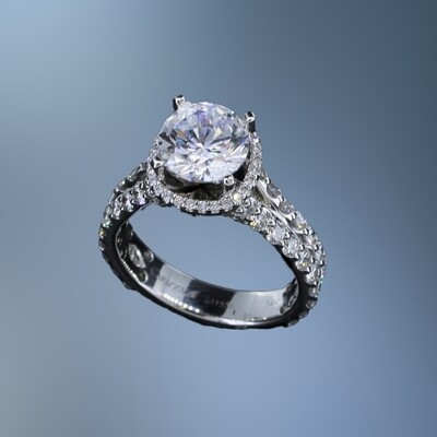 14KT WHITE GOLD DIAMOND HALO STYLE ENGAGEMENT RING FEATURING 104 ROUND BRILLIANT CUT DIAMONDS TOTALING 1.43CTS.