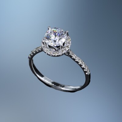 14KT WHITE GOLD DIAMOND HALO STYLE ENGAGEMENT RING FEATURING 41 ROUND BRILLIANT CUT DIAMONDS TOTALING 0.37 CTS