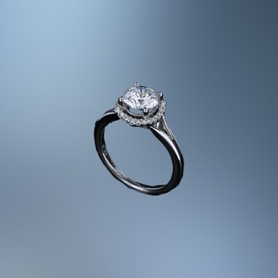 14KT WHITE GOLD HALO STYLE ENGAGEMENT RING FEATURING 25 ROUND BRILLIANT CUT DIAMONDS TOTALING 0.13 CTS.