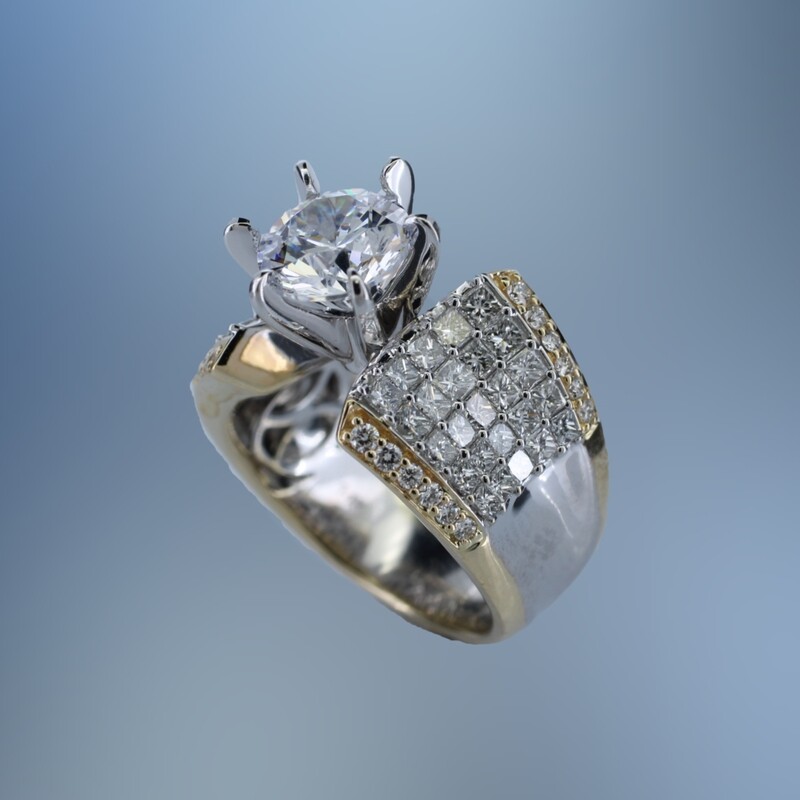 14 KT TWO TONE GOLD ENGAGEMENT RING FEATURING 74 ROUND BRILLIANT & PRINCESS CUT DIAMONDS TOTALING  2.01 CTS
