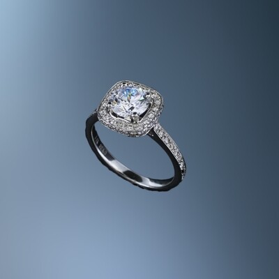 14 KT WHITE GOLD HALO STYLE ENGAGEMENT RING FEATURING 64 ROUND BRILLLIANT CUT DIAMONDS TOTALING 0.50 CTS.