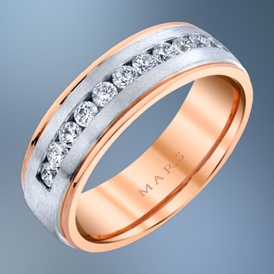 14KT ROSE & WHITE GOLD GENTS 7MM DIAMOND WEDDING BAND FEATURING 11 ROUND BRILLIANT DIAMONDS TOTALING .60 CTS