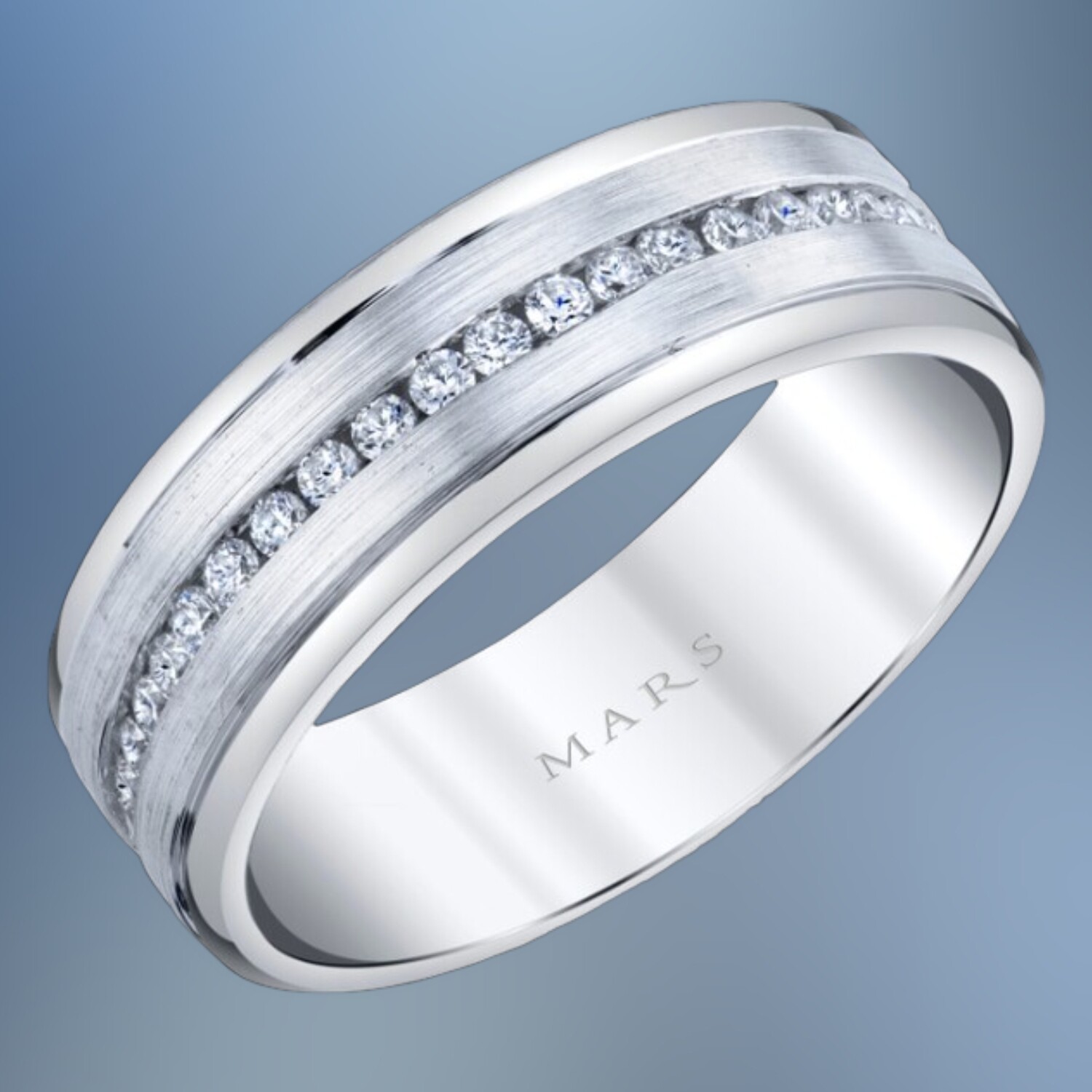 14KT WHITE GOLD GENTS 7MM  DIAMOND WEDDING BAND FEATURING  45  ROUND BRILLIANT DIAMONDS TOTALING .65  CTS