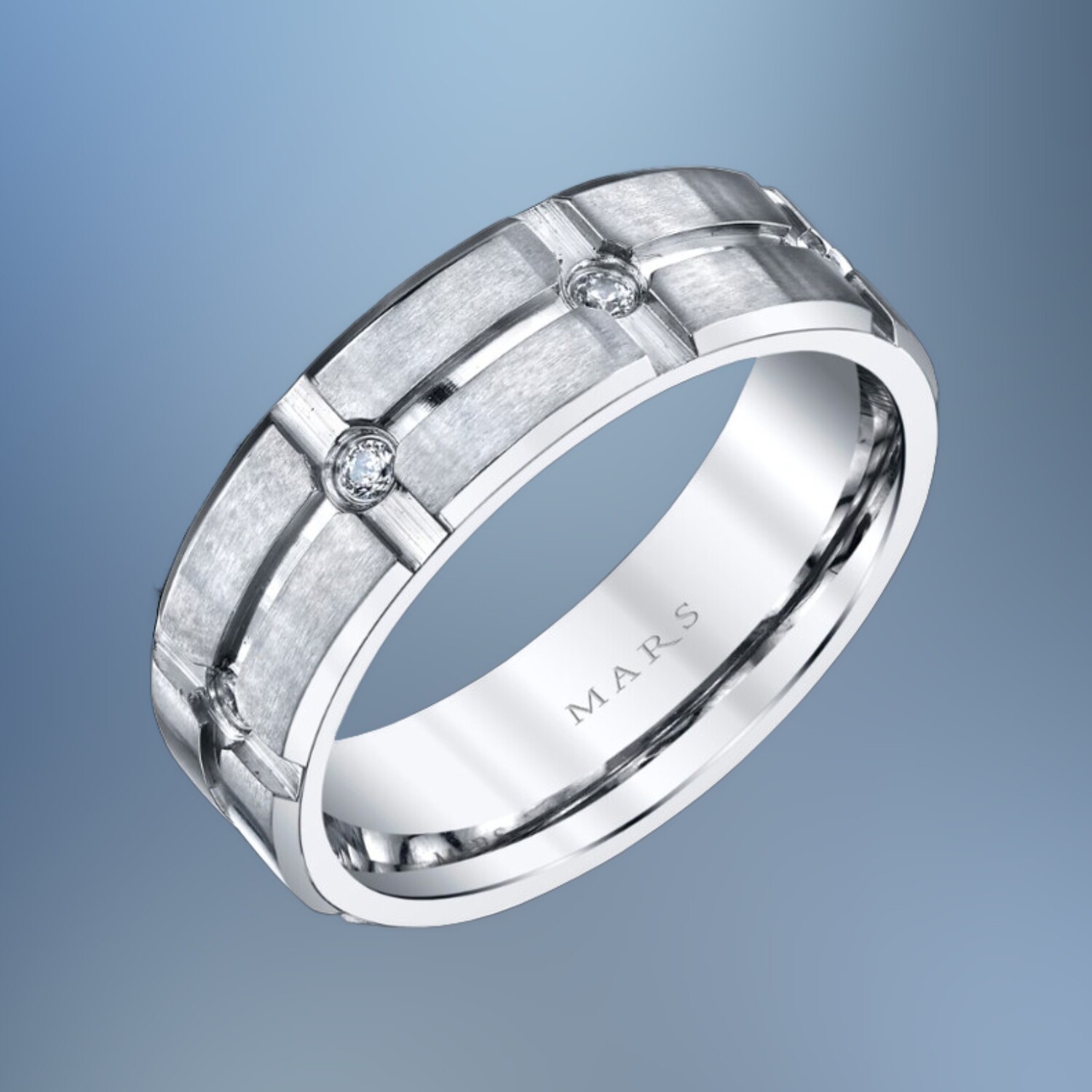14KT WHITE GOLD GENTS 7MM DIAMOND WEDDING BAND FEATURING  8  ROUND BRILLIANT DIAMONDS TOTALING .20 CTS