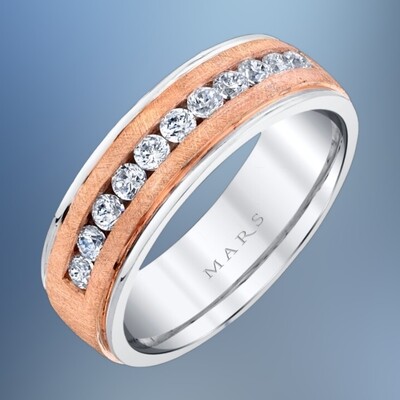14KT ROSE & WHITE GOLD GENTS 7MM DIAMOND WEDDING BAND CONTAINING 11 ROUND BRILLIANT DIAMONDS TOTALING .60 CTS
