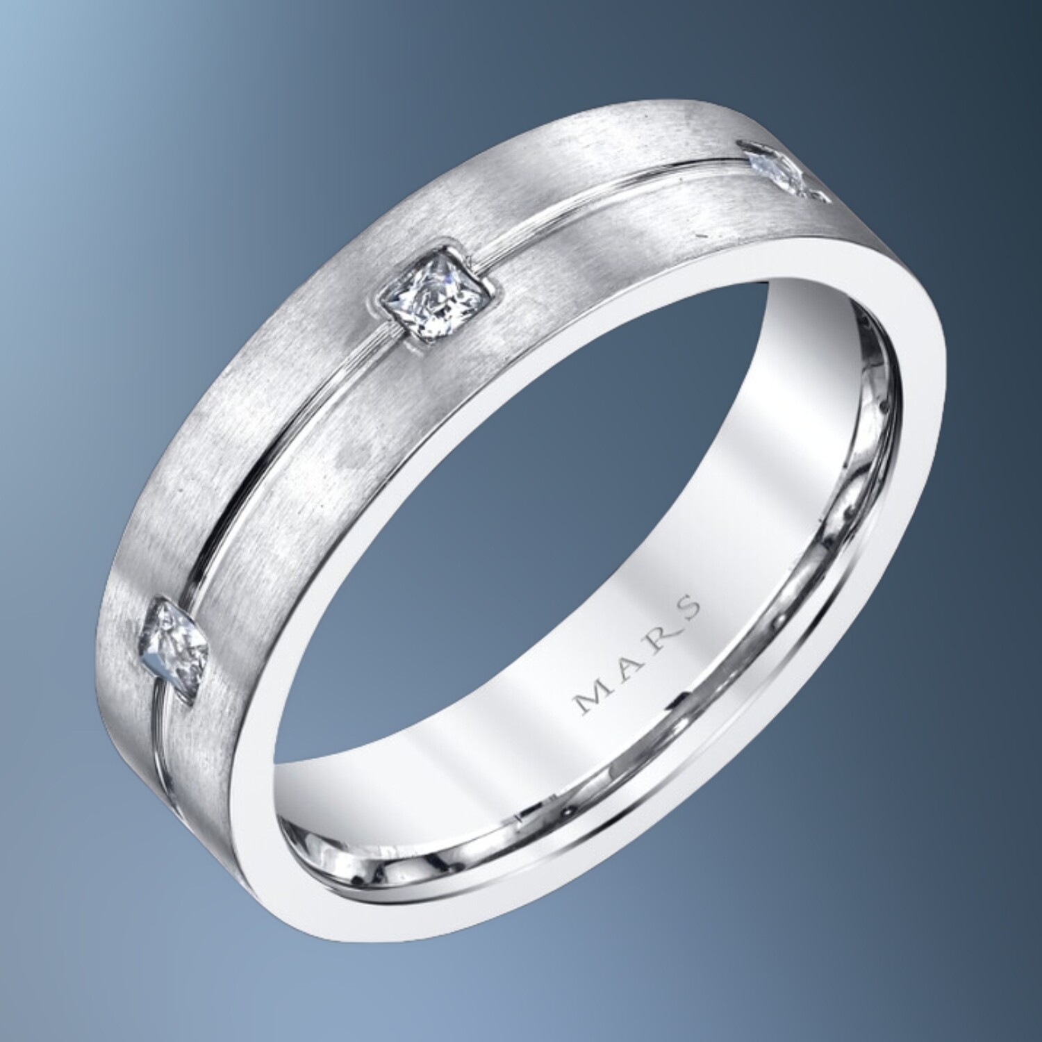 14KT WHITE GOLD 6MM GENTS DIAMOND WEDDING BAND FEATURING  6 ROUND BRILLIANT  DIAMONDS TOTALING .36   CTS