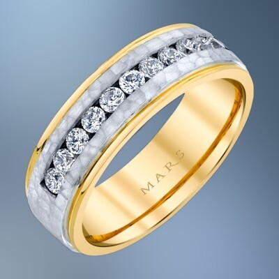 14KT YELLOW & WHITE GOLD GENTS 7MM DIAMOND WEDDING BAND FEATURING 11 ROUND BRILLIANT DIAMONDS TOTALING .60 CTS