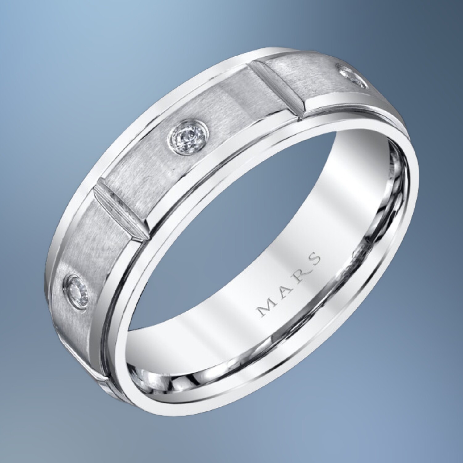 14KT WHITE GOLD GENTS 7MM DIAMOND WEDDING BAND FEATURING  6  ROUND BRILLIANT DIAMONDS TOTALING .16 CTS