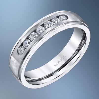 14KT WHITE GOLD GENTS 6MM DIAMOND WEDDING BAND FEATURING 7 ROUND BRILLIANT DIAMONDS TOTALING .42 CTS