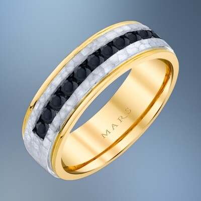 14KT YELLOW & WHITE GOLD GENTS 7MM DIAMOND WEDDING BAND FEATURING 11 BLACK DIAMONDS TOTALING .85 CTS