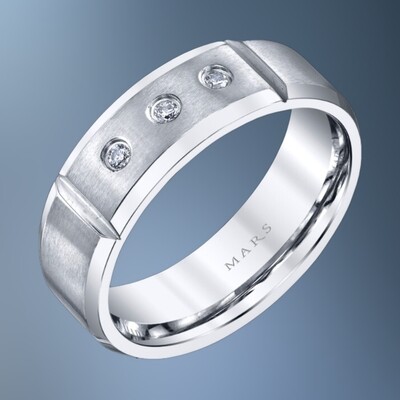 14KT WHITE GOLD GENTS 7MM DIAMOND WEDDING BAND FEATURING 3 ROUND BRILLIANT DIAMONDS TOTALING .06 CTS